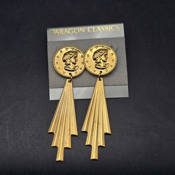 Gold Tone Cameo Lady Face Coin Earrings Art Deco Vintage Jewelry - Picture 6 of 6